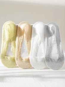 5 piezas Calcetines sin costuras de algodón con borde de encaje y diseño delgado, antideslizantes e invisibles, adecuados para uso diario en verano