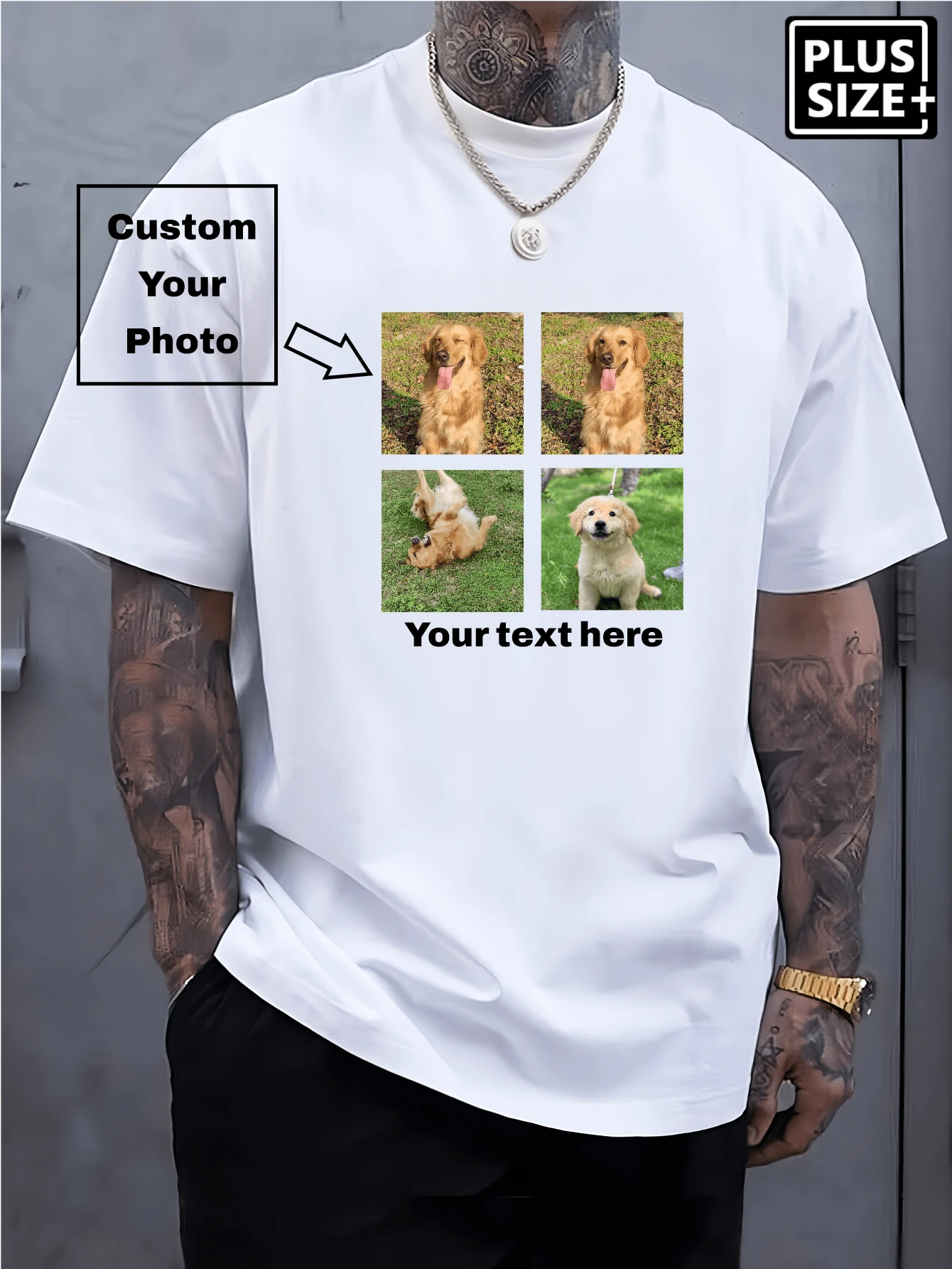 Plus Size(Up To 6XL)Customized Personalized Round-Neck Comfortable Casual Men's T-Shirt ﻿With Graphic Design, Personalize With Your Own Photo And Your Text/Logo For Couples, Family, Pets, Gifts, A Custom T-Shirt, Upload Four Pictures, Four-Palace Couple T-Shirt Custom - White - View 1