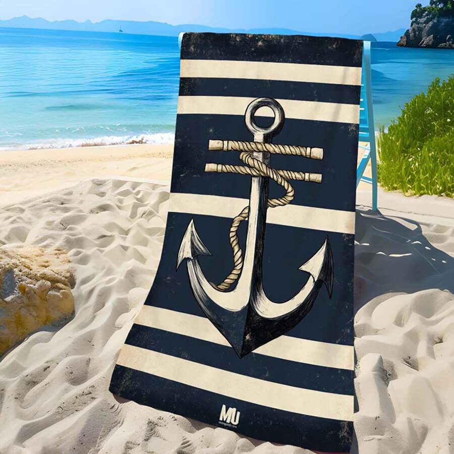 1pc Nautical Striped Anchor Print Beach Towel - Soft, Lightweight, Sand-Proof, Quick-Drying Microfiber, Suitable For Travel, Swimming, Surfing, Yoga, Camping And Beach Accessories, Beach Essential | Modern Towel | Lightweight Beach Towel Beach Essentials - Multicolor - View 1