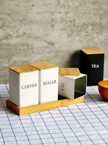 Set di 3 pezzi / 1 pezzo di contenitori in ferro battuto con coperchi in bambù, contenitori per la conservazione ermetici della cucina 15 cm in due colori (bianco e nero) per caffè, zucchero, tè - Lattine quadrate in lamiera stagnata sigillabili per l'organizzazione della cucina e l'esposizione nella dispensa