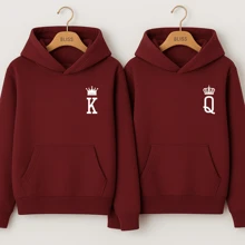 Kangaroo Sweatshirt Unisex Tracksuit Couple Print Letters King And Queen 1 Piece Cold Weather Blouse Winter Season Look Cute