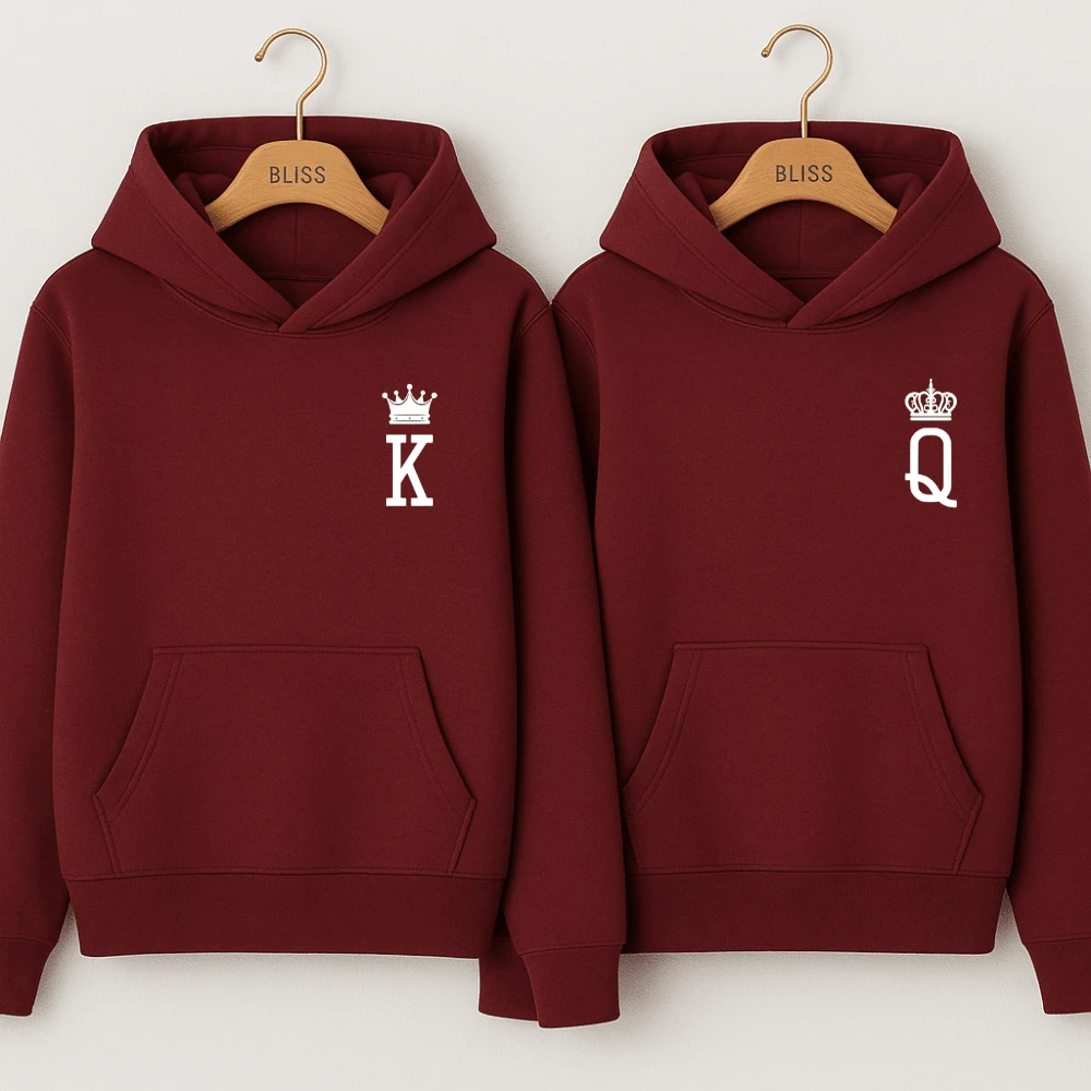 Kangaroo Sweatshirt Unisex Tracksuit Couple Print Letters King And Queen 1 Piece Cold Weather Blouse Winter Season Look Cute