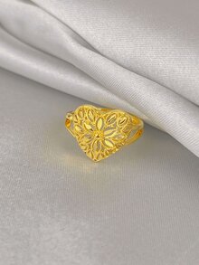 女士复古浮雕戒指，小众设计三叶草、心形、叶形镂空戒指，18K镀金，奢华中东复古珠宝，日常百搭魅力礼物 - 金色 - 查看 6