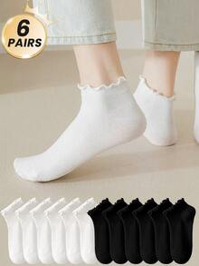 1/5/10/20/30 Pairs White Solid Comfortable Ruffle Edge Socks, Versatile
