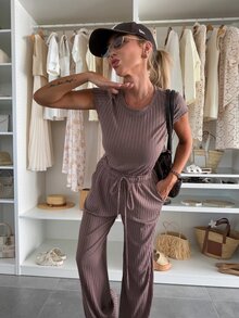 Women's Elegant Solid Color Crew Neck Ribbed Knit Short Sleeve Wide Leg Long Suit Set, Spring Autumn Summer - Coffee Brown - View 6