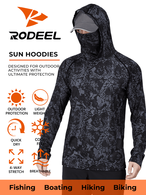 RODEEL Men's Hooded Outdoor Sports Sun Protection Clothing With Mask Neck Guard High Performance Fishing Shirt Camouflage Print Raglan Sleeves Sweat-Wicking Quick-Drying Breathable Long Sleeves Suitable For Beach, Boating, Hiking, Hunting, Water Sports