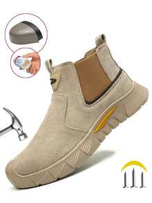 男士安全鞋，套穿式钢头靴，卡其色防滑耐用橡胶安全靴，防砸工业建筑防护鞋