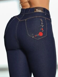 KMAROT JEANS Calça Jeans Feminina Skinny Cintura alta com lycra power  Simples  Floral    Zíper  Botão  Bolso    Esportes e Fitness - Azul petróleo - Visão 5