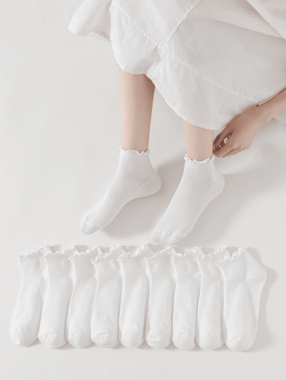 1/5/10/20/30 pares de calcetines blancos sólidos y cómodos con borde de volantes, versátiles