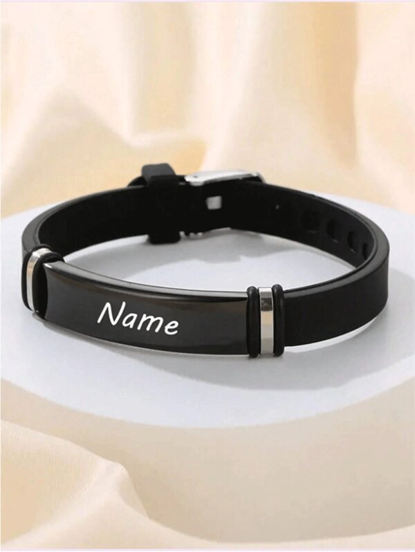 Customized Engraved Bracelet For Boys, Personalized Silicone Stainless Steel Watch Strap With Adjustable Bracelet, Birthday Gift