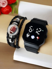 2pcs/ Set 1pc LED Digital Display Electronic Watch + 1pc Football/Basketball/Badminton/Volleyball/Baseball/Rugby Leather Braided Rope Bracelet Personalized Simple Beaded Bracelet Creative Fan Souvenir Gift Bracelet Astronaut Football Basketball Rugby The Best Choice For Holy Day, Christmas, Valentine's Day, Mother's Day, Holiday Gifts - Black - View 17