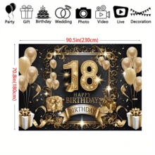 1 pieza Fondo de tela para fiesta de cumpleaños número 18, hecho de poliéster, con un diseño elegante de globos, cajas de regalo y estrellas en color negro y dorado. Es perfecto para decoración de interiores, decoración exterior, fiestas de cumpleaños y recuerdos fotográficos, y no requiere electricidad