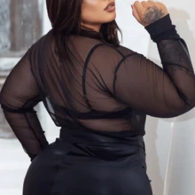 Blouse Tulle Sleeve Fashion Curvy Plus Size Simple Elegant Casual Transparent Night - màu đen - Xem 2