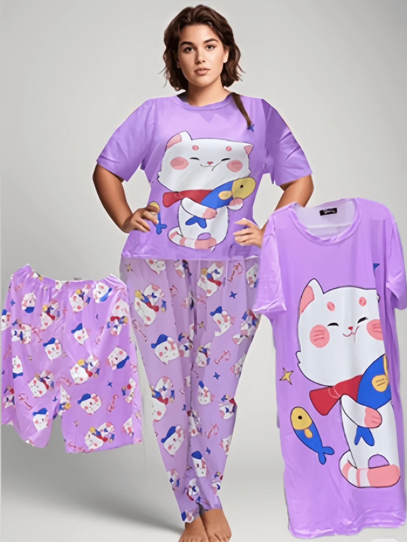 Conjunto de pijama de 4 piezas para mujer Conjunto de pijama de mujer Un regalo perfecto para el Día de la Madre. - Púrpura malva - Ver 1