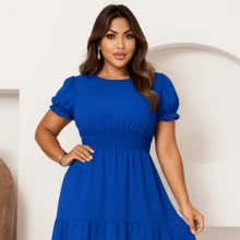 Kit 2 Women's Dresses Casual Vibrant Colors Ruffle Short Sleeves Elegant - 深色水洗藍 - 查看 2