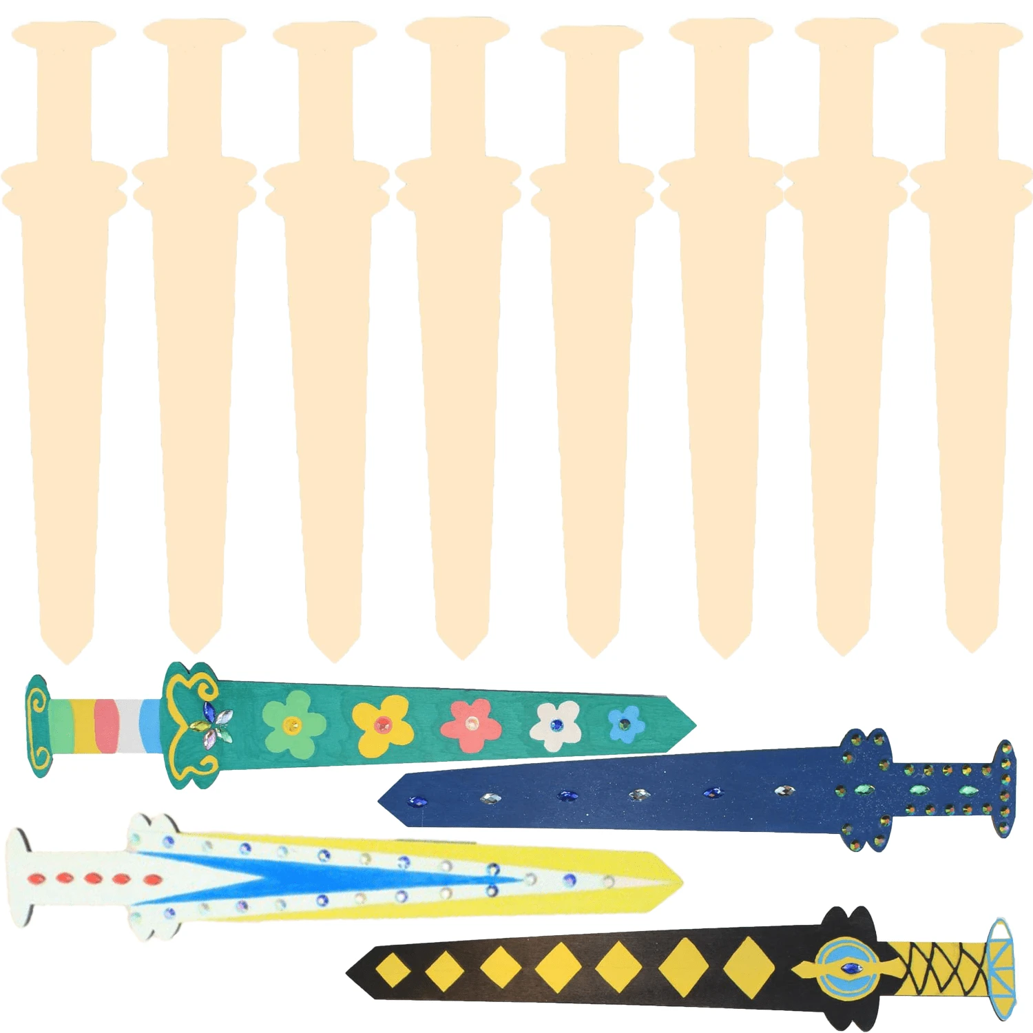 14pcs Unfinished Handmade DIY Painting Wooden Sword Blanks, Wooden Swords, DIY Craft Swords, Wooden Craft Paintings, Diamond Sticker Wooden Sword (Approx. 20cm) - Beige - View 1