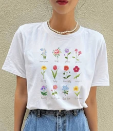 T-Shirt Flowers Peasant Floral Leaf Plants Casual Home Beach