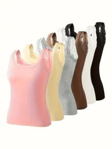 6pcs Plus Size Women's Sleeveless Loungewear Tops - Lace Neck & Patchwork Straps, Breathable Lightweight Fabric, Solid Color Pajama & Casual Wear, All-Season Comfort, Home Relaxation Attire, Lace Detail Top, Sophisticated Design - Multicolor - View 2