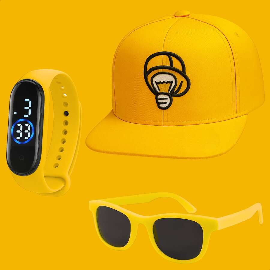 Unisex Children's Influencer Kit - LED Watch For Boys And Girls + Fashion Glasses + Gift Cap In Various Colors - 黃色 - 查看 1