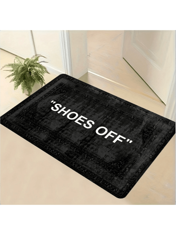 1pc "SHOES OFF" Black Velour Doormat, Wear-Resistant, Easy To Clean, Machine Washable, Lightweight Polyester Rectangular Mat, Suitable For Home Decor, Entryway | Modern Home Decor | Polyester Fiber Mat, Spring/Summer New Arrival