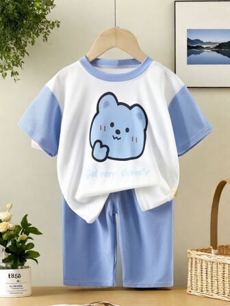 Young Boy Lightweight Short Sleeve Tee And 3/4 Pants Pajama Set, Summer Sleepwear For Boys And Girls