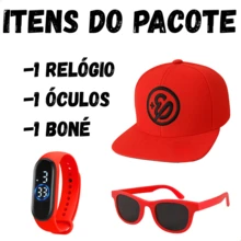 Combo Estilo Infantil Boné + Óculos Colorido + Relógio LED – Para Crianças de 3 a 9 Anos Kit Influencer - Vermelho - Visão 3