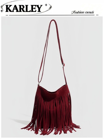 1pc Women Vintage Fringe Bucket Bag, Dual-Sided Fringe Cross-Body Shoulder Bag, Retro Inspired Bag For Women