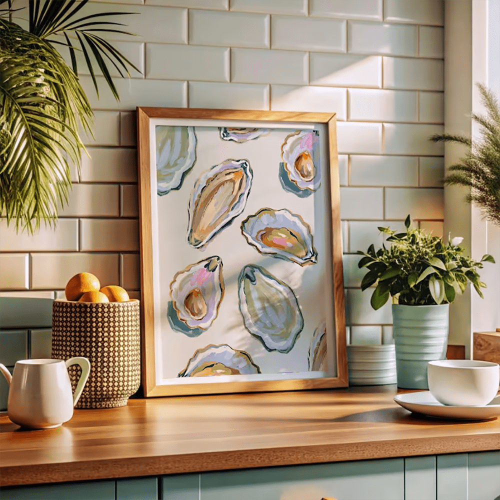 1 pieza Arte en lienzo con abstracto costero - Pintura de concha de ostra en colores pastel, decoración de pared para casa de playa, dormitorio, sala de estar, impresión sin marco con tema marino bohemio