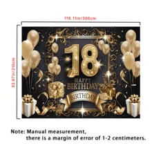 1 pieza Fondo de tela para fiesta de cumpleaños número 18, hecho de poliéster, con un diseño elegante de globos, cajas de regalo y estrellas en color negro y dorado. Es perfecto para decoración de interiores, decoración exterior, fiestas de cumpleaños y recuerdos fotográficos, y no requiere electricidad
