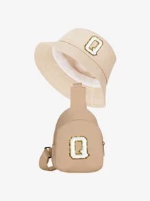 2 pezzi Set di cappello a secchiello e borsa con stampa 26 lettere per bambini, outfit di moda per bambini e bambine adatto per uso quotidiano in primavera e autunno