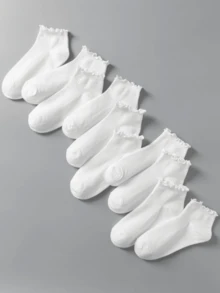 1/5/10/20/30 Pairs White Solid Comfortable Ruffle Edge Socks, Versatile