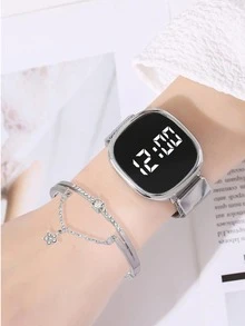 1pc LED Stainless Steel Digital Watch And 1pc Rose Gold Rhinestone Bracelet For Girls - Rose Gold - View 14