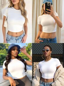 2 pezzi magliette da donna a maniche corte, collo rotondo, attillate, crop top, stile casual, per primavera ed estate, magliette da donna, top basic, crop top, top per uscire, outfit donna per primavera ed estate, maglietta a maniche corte, vestiti di primavera, top, top da donna per l'estate, outfit estivi, crop top, maglietta, top nero, top bianco