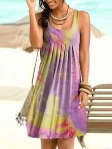 Women's Casual And Fashionable Tie Dye Pleated Sleeveless Dress - Màu tím - Xem 1
