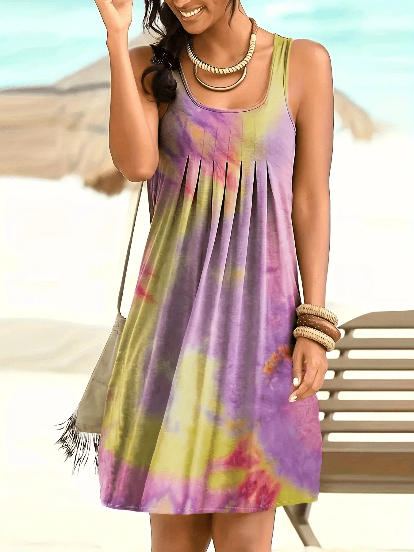 Women's Casual And Fashionable Tie Dye Pleated Sleeveless Dress - Màu tím - Xem 1