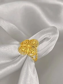 女士复古浮雕戒指，小众设计三叶草、心形、叶形镂空戒指，18K镀金，奢华中东复古珠宝，日常百搭魅力礼物 - 金色 - 查看 3