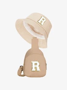 2 pezzi Set di cappello a secchiello e borsa con stampa 26 lettere per bambini, outfit di moda per bambini e bambine adatto per uso quotidiano in primavera e autunno