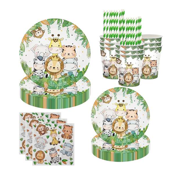 10pcs/20pcs/60pcs Tropical Jungle Animal Pattern Disposable Tableware Set, Includes Party Plates, Party Cups, Party Straws, Party Napkins, Suitable For Birthday Party, Baby Shower, Family Gathering, Picnic, Disposable Celebration And Party Supplies