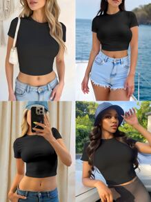 2 pezzi magliette da donna a maniche corte, collo rotondo, attillate, crop top, stile casual, per primavera ed estate, magliette da donna, top basic, crop top, top per uscire, outfit donna per primavera ed estate, maglietta a maniche corte, vestiti di primavera, top, top da donna per l'estate, outfit estivi, crop top, maglietta, top nero, top bianco