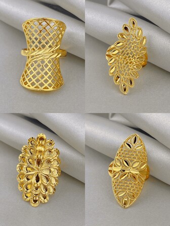 18K 镀金复古风格中东镂空花卉设计戒指，独特优雅的女士配饰，适合日常佩戴、通勤和约会