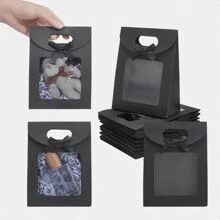 Schwarze Kraftpapier-Geschenktüten mit Sichtfenster, aufrechtes Design & stabilen Griffen - inklusive dekorativer Schleife, geeignet für Süßigkeiten, Kekse, Hochzeiten, Weihnachtsfeiern, Einzelhandelsverpackungen, kleine Geschenke