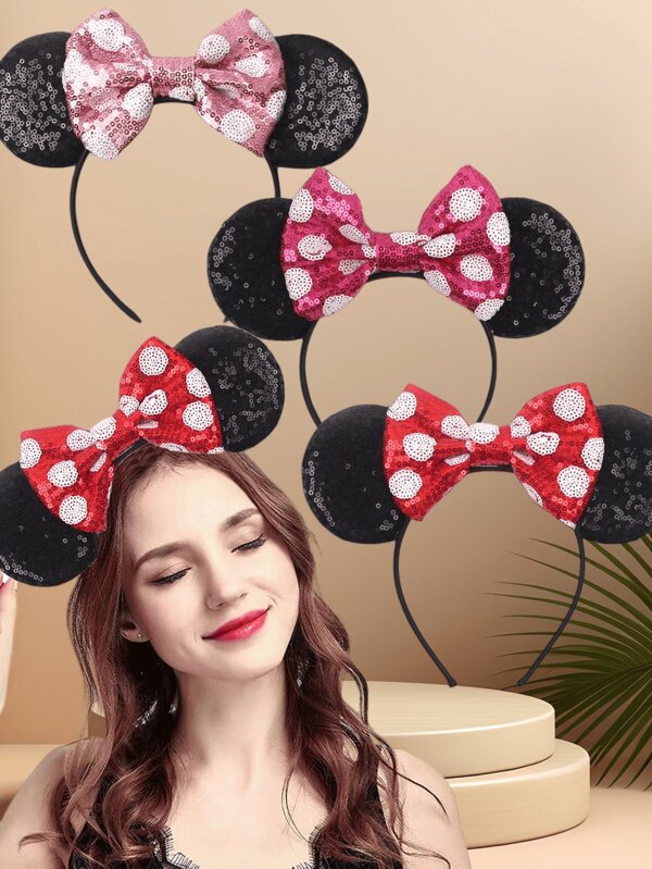 Disney 1 pieza Diadema con orejas de Mickey Minnie Mouse con lazo de lentejuelas para mujeres, accesorio de pelo para fiestas/cumpleaños/festivales, regalo