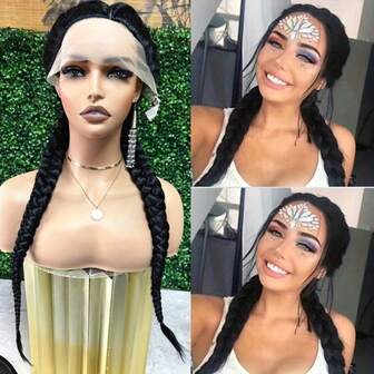 26" Heat-Resistant Synthetic Lace Front Wig With 13x4x1 Lace & - Natural Black Braided Wig For Women, Versatile For All Occasions Long Double Braids 2# Natural Black Synthetic Braided Lace Front Wig