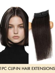1PC Clip-In Hair Extensions Real Human Hair Clip Ins Topper Extensions Invisible Seamless Design Adds Top Side Volume For Thin Hair Short Straight 4-12Inch Unisex Thickening Hairpiece - Natural Black - View 2
