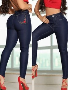 KMAROT JEANS Calça Jeans Feminina Skinny Cintura alta com lycra power  Simples  Floral    Zíper  Botão  Bolso    Esportes e Fitness - Azul petróleo - Visão 2