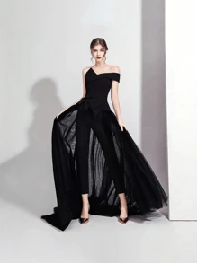 1pc European & American Style Tulle Skirt With Waist Tie & Detachable Lining, Available In Black, White, Red