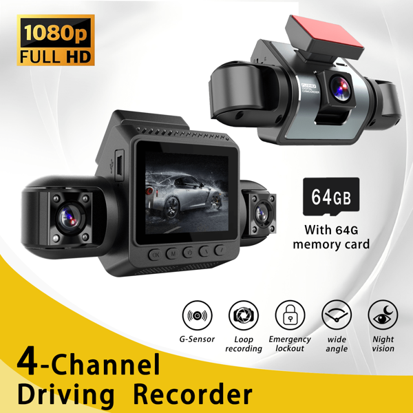 4 Kameras 4 Kanäle 360 Grad Autofahrrekorder, Nachtsicht, Schleifenaufnahme, Weitwinkel, Parküberwachung, eingebaute 64 GB oder 32 GB Karte (bestes Geschenk)