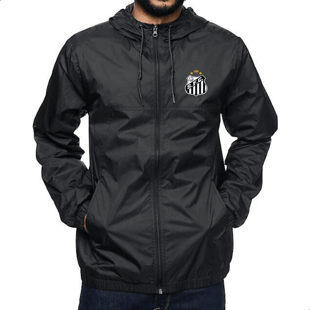 Santos FC Men's Windbreaker Premium Zipper Jacket Unisex Cold Weather Top Outdoor Sports - Outdoor Mountain Outdoor Sports & Activities - Urban Function Outdoor Sports - Basketball Style Outdoor Sports - Football Style Outdoor Sports & Activities - Fitness & Commuting Sports & Leisure - Sports & Leisure Casual-Basic Casual-College Style Leisure Leisure Style Fall/Winter Spring/Fall Summer Winter Regular Fit Zipper Christmas Halloween Thanksgiving Valentine's Day Pride Month Father's Day Teacher's Day New Year Spring Festival Outerwear, Cold Weather Top, Windbreaker - màu đen - Xem 1
