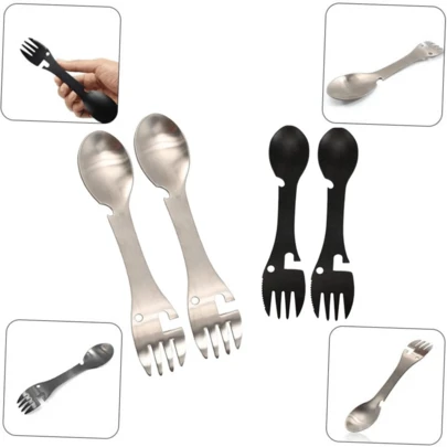 五合一多功能叉勺、不锈钢勺子和开瓶器、叉子和刀、开罐器组合露营用具，适合徒步旅行、露营或背包旅行，多功能户外野餐叉勺不锈钢露营餐具套装，叉子勺子，易于携带开瓶器叉子件