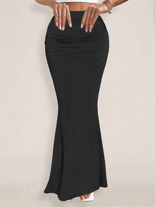 Falda de sirena de unicolor a la moda con dobladillo con volantes para mujer, falda elegante con pliegues y dobladillo con volantes de longitud midi de ajuste regular color negro liso para uso diario casual - Negro - Ver 1